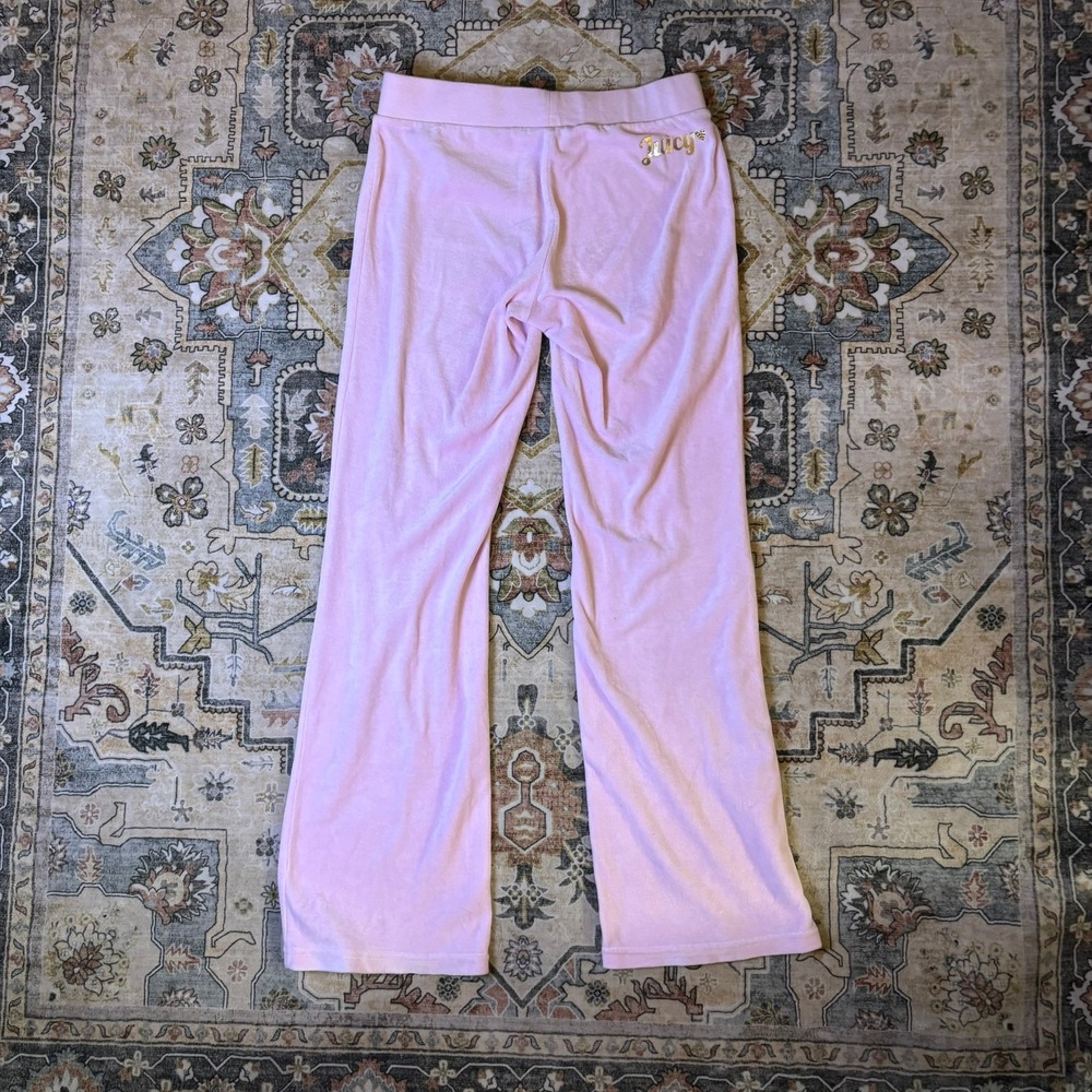 Juicy Couture Pink Velour Track Pants Logo Flare Leg Y2K Low Rise Lounge Small - Picture 2 of 10